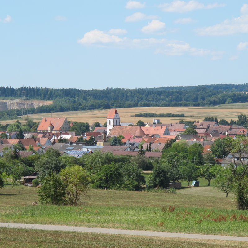 Ein Dorf mit rot-gedeckten Häusern, einer Kirche mit Turm und umliegenden Feldern und Wäldern unter einem blauen Himmel mit einigen Wolken.
