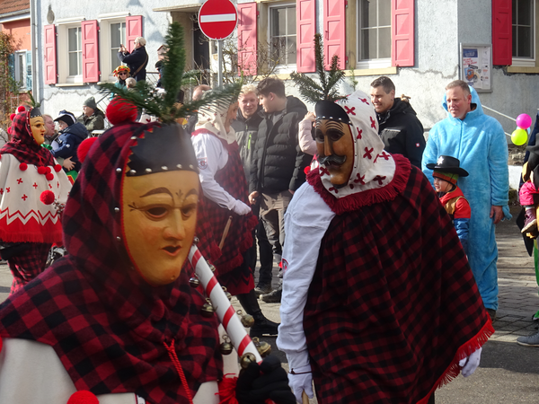 Eine bunt gekleidete Gruppe von Menschen in traditionellen Kostümen, einige mit Masken, feiert auf einer Straße neben Zuschauern und einem Gebäude mit roten Fensterläden.