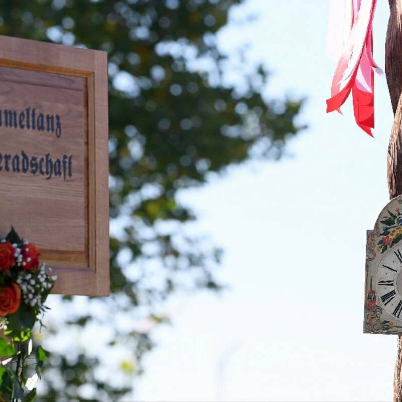 Ein Holzschild mit der Aufschrift "hammellanz Kameradschaft" hängt neben einem kunstvoll geschnitzten Baumstamm, an dem eine Uhr und rote Bänder befestigt sind.