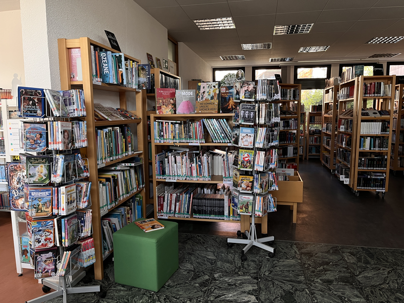 Ein Blick in eine Bibliothek mit zahlreichen Bücherregalen, auf denen Bücher und DVDs geordnet sind, sowie einem grünen Sitzwürfel im Vordergrund.