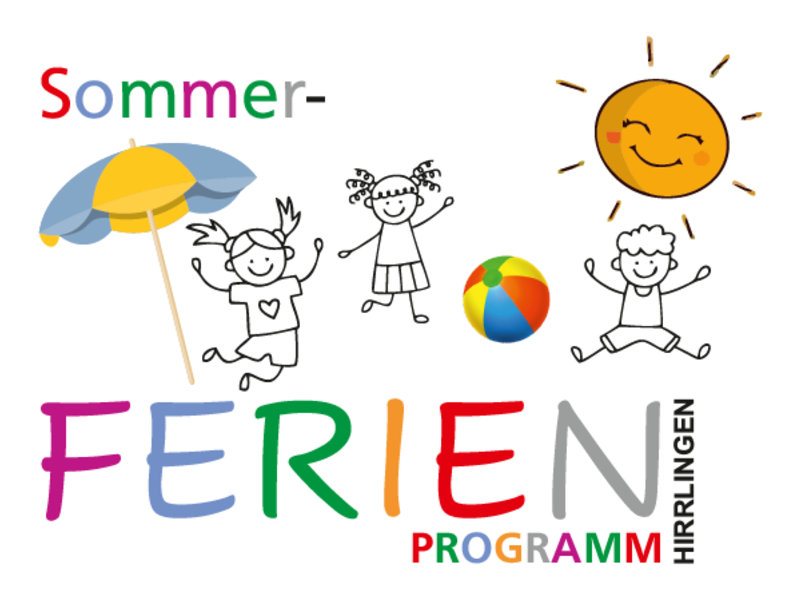 Das Bild zeigt fröhliche, springende Kinder, einen bunten Strandball, einen Sonnenschirm und eine Sonne über dem Schriftzug "Sommer-Ferienprogramm Hirrlingen".
