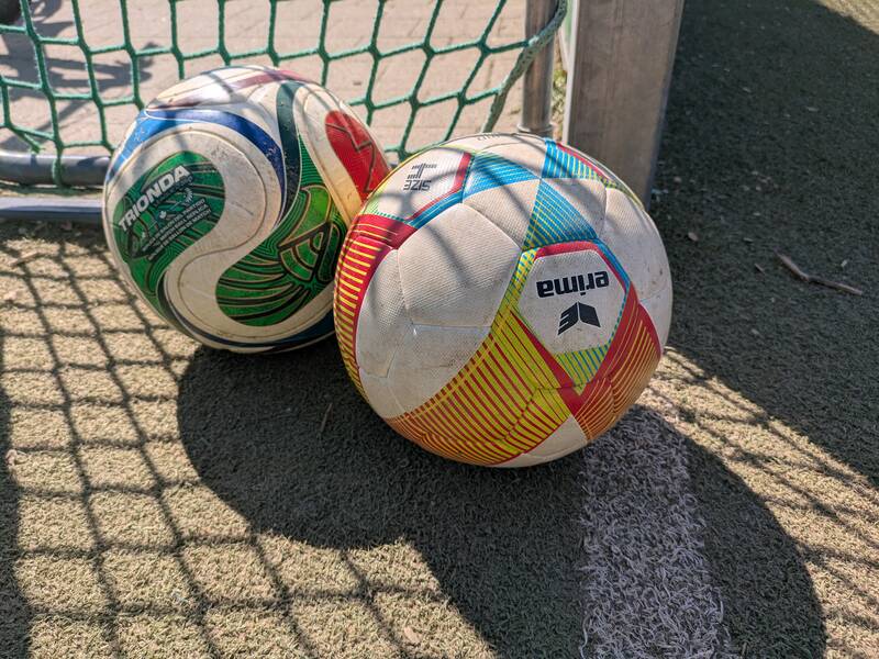 Zwei bunte Fußbälle liegen nebeneinander vor einem Fußballnetz auf Kunstrasen.