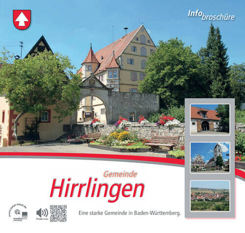 Das Bild zeigt die Titelseite einer Infobroschüre der Gemeinde Hirrlingen mit einem großen Bild eines traditionellen Gebäudes und mehreren kleinen Bildern von Sehenswürdigkeiten, umgeben von üppigem Grün.