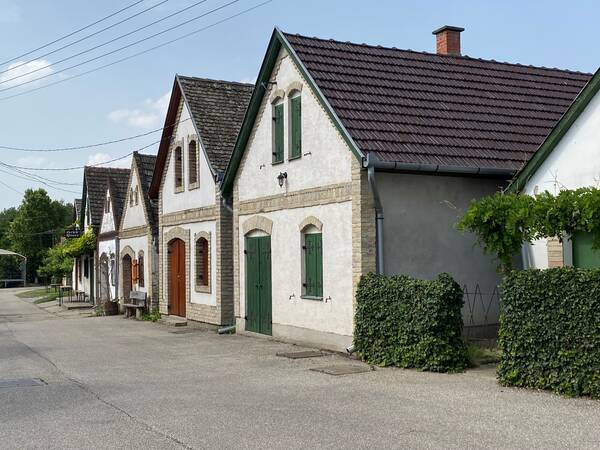 Eine Reihe traditioneller Häuser mit Spitzdächern und grünen Fensterläden steht entlang einer ruhigen Straße.
