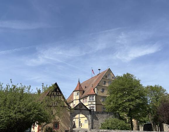 Ein historisches Gebäude mit verzierten Giebeln und roten Dächern steht unter einem klaren blauen Himmel, umgeben von Bäumen.