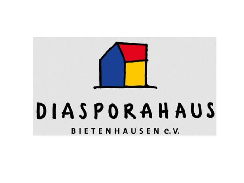 Das Bild zeigt ein Logo mit einem stilisierten, bunt gezeichneten Haus in Blau, Rot und Gelb, darunter der Text "DIASPORAHAUS BIETENHAUSEN e.V.".