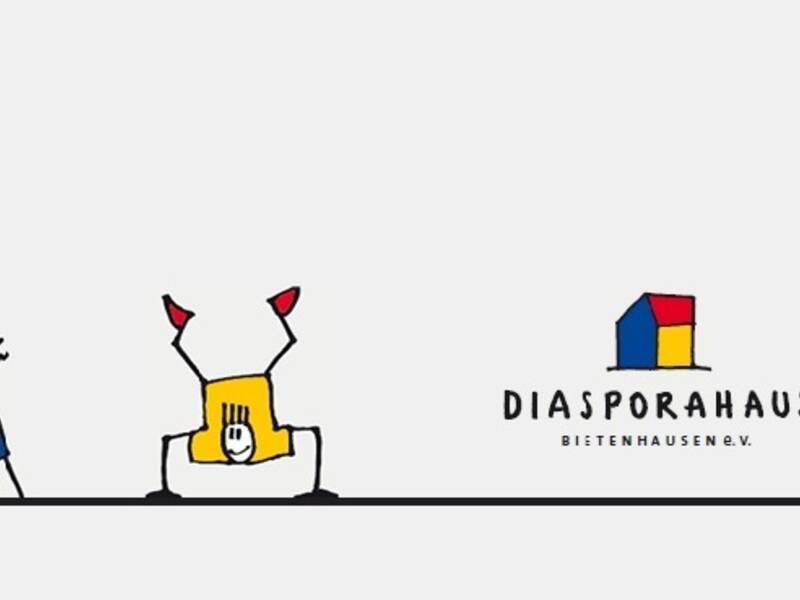 Das Bild zeigt drei stilisierte Figuren, die verschiedene sportliche Aktivitäten ausführen, mit einem zentralen Logo des "Diasporahaus Bielefeld / Senne" in der Mitte.