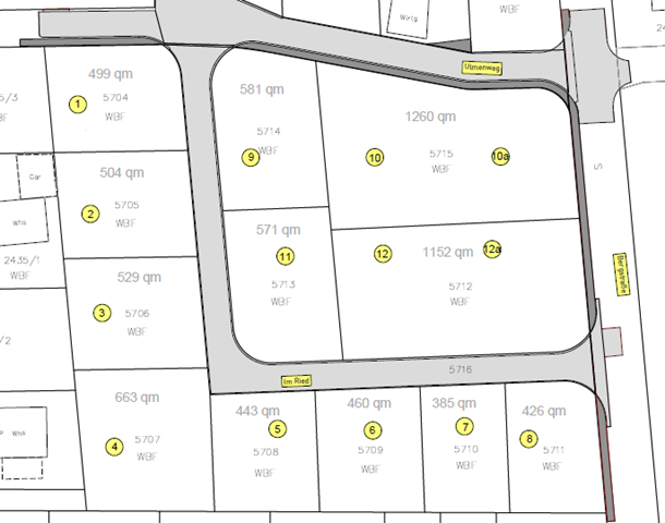 Der Plan zeigt ein Grundstücksareal mit nummerierten Parzellen unterschiedlicher Quadratmeterangaben, umgeben von Straßen mit den Namen "Im Ried" und "Untermweg".