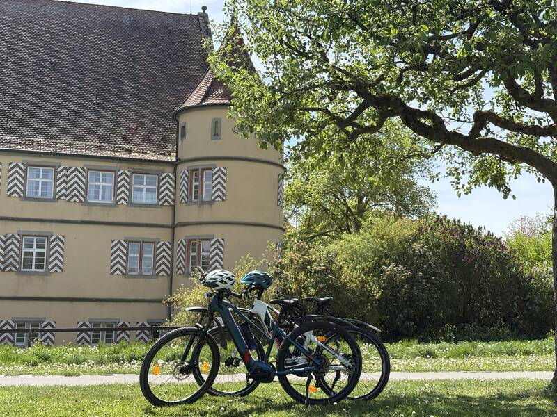 Vor einem historischen Gebäude mit gemusterten Fensterläden stehen drei Fahrräder auf einem grasbewachsenen Bereich unter einem Baum.