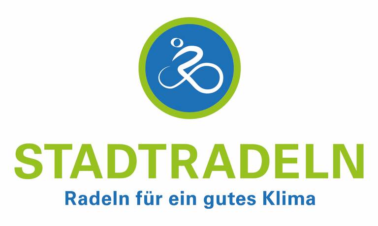 Das Bild zeigt das Logo von "Stadtradeln" mit einem stilisierten Fahrradfahrer in einem blauen Kreis und dem Slogan "Radeln für ein gutes Klima" darunter.